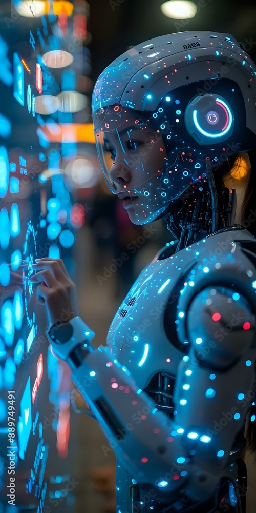 Aufkleber futuristic image of a humanoid robot interacting with a glowing digital interface, covered in intric