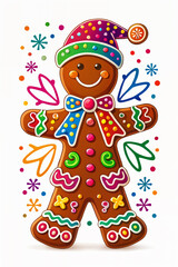 Naklejka premium Colorful gingerbread man with a festive hat, standing amidst a backdrop of vibrant stars and swirls.