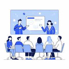 Minimalist Black, blue and White Vector Icon of a meeting