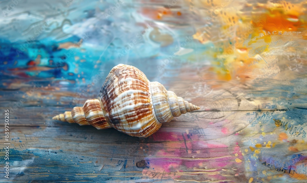 Poster a close up of shell is sitting on a wooden surface. free copy space for banner.