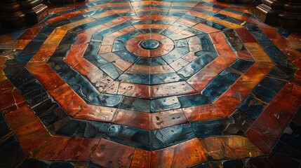 Obraz premium A vibrant and intricate octagonal tile pattern featuring a concentric circular design in hues of red, blue, and brown creating a mesmerizing visual effect