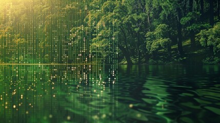 A serene lake nestled in a dense forest, with a digital code overlay reflecting on the still water.