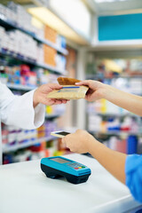 Pharmacy, payment and hands of people with mobile banking, scan and QR code for medicine....