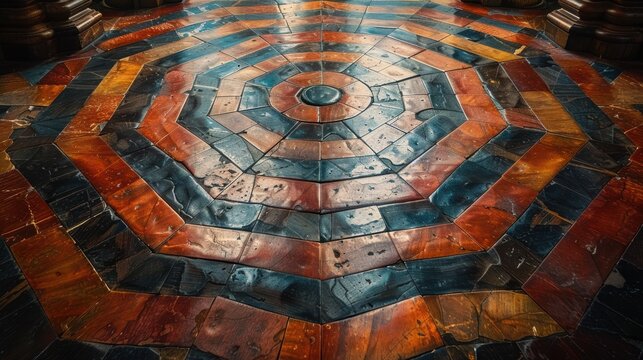 A vibrant and intricate octagonal tile pattern featuring a concentric circular design in hues of red, blue, and brown creating a mesmerizing visual effect