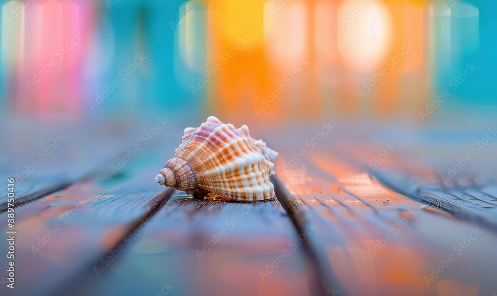 Canvas Prints a close up of shell is sitting on a wooden surface. free copy space for banner.
