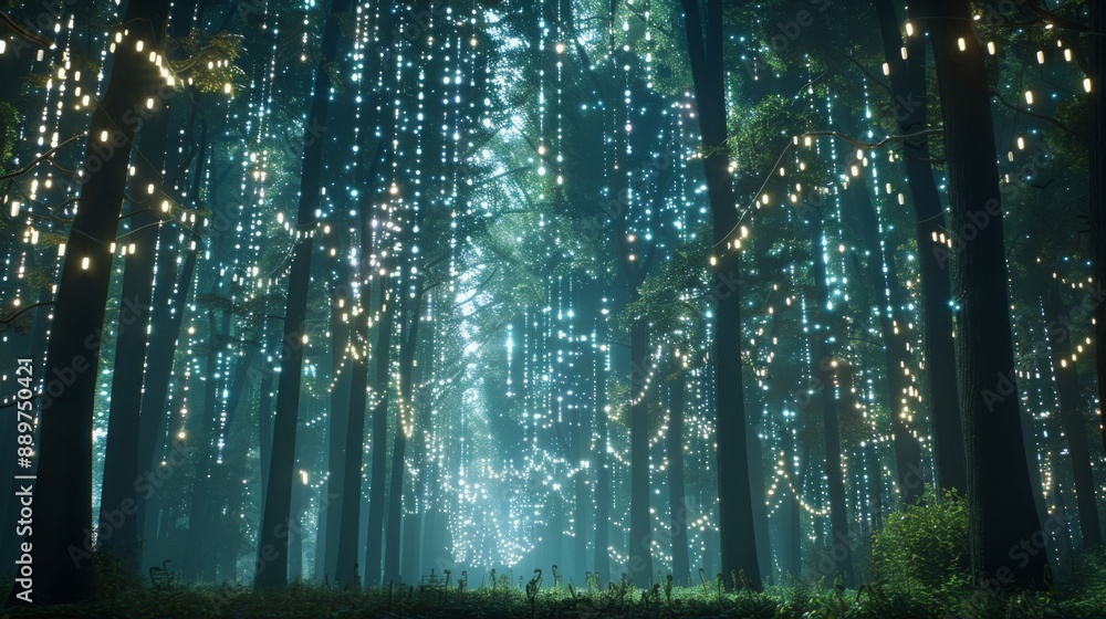 Poster string lights illuminate a forest at night, creating a magical atmosphere.