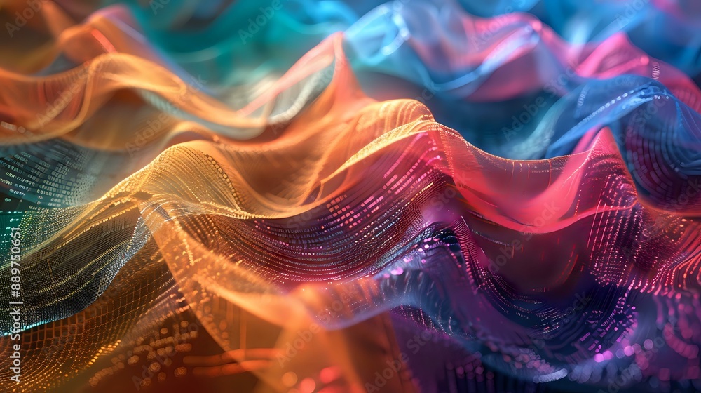 Aufkleber abstract close-up of vibrant, multicolored waves resembling fabric or data streams, flowing in a dyn