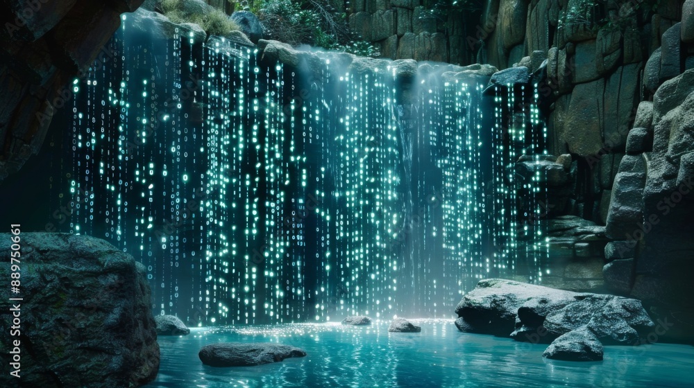 Poster A waterfall of digital code flows into a tranquil pool in a cave. The light from the waterfall illuminates the surrounding rocks and creates a mesmerizing display.
