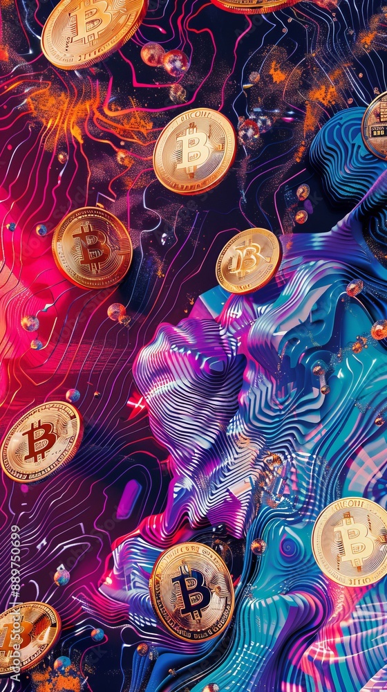 Poster dynamic cryptocurrency symbols on abstract background with crypto and tech keywords