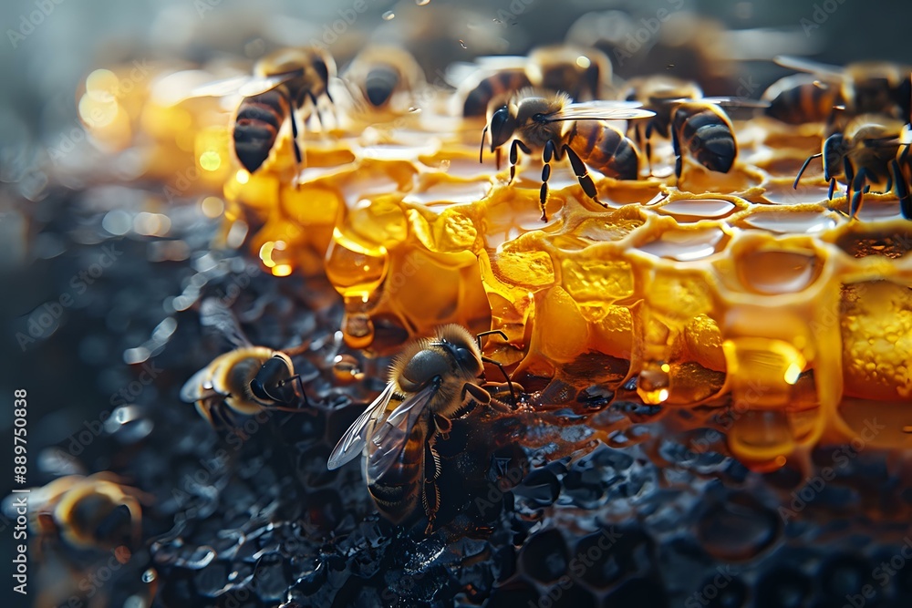 Poster a detailed close-up of bees working on a honeycomb dripping with golden honey, capturing the intrica