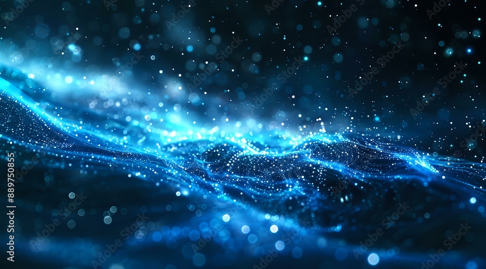 Poster a captivating digital abstract image featuring glowing blue particles and wave-like formations, crea