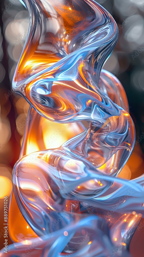 Poster an abstract close-up of fluid, twisting glass-like shapes illuminated by warm, glowing light, creati