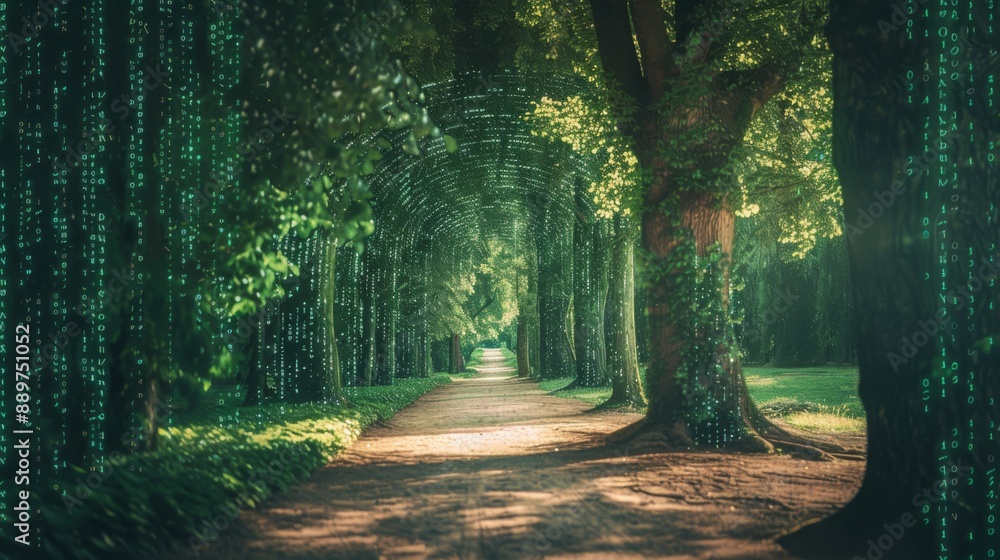 Fototapete A winding path through a lush green forest, illuminated by a digital rain of green binary code cascading down the trees.