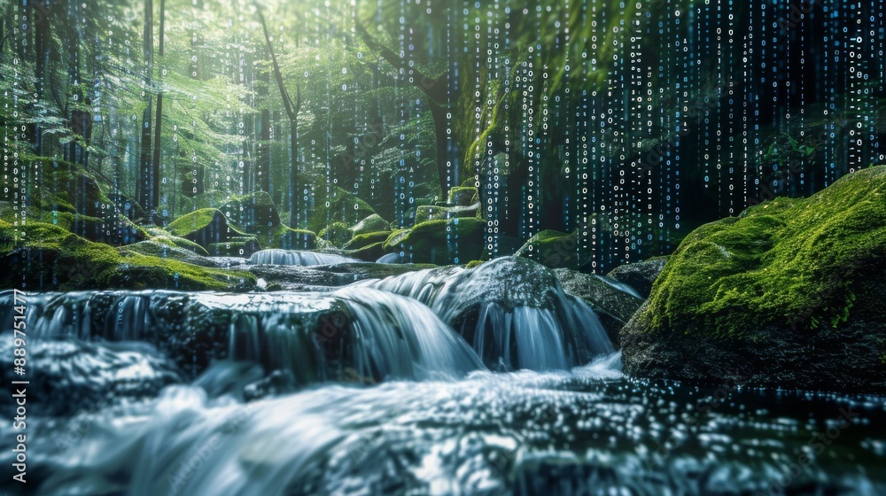 Poster A cascading stream flows through a mossy forest, with digital code raining down from above.