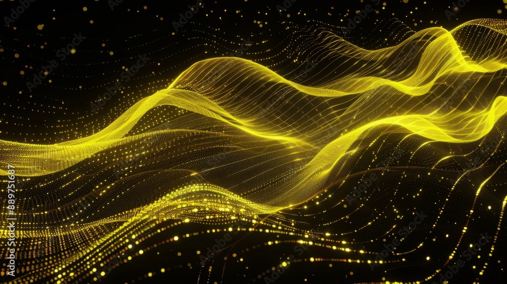 Poster A digital illustration of a flowing golden wave against a black background. The wave is made up of a series of interconnected dots and lines, creating a sense of motion and energy.