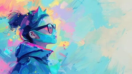 Portrait of a woman wearing cat ears and sunglasses, set against a colorful, abstract background. The artwork has a modern, vibrant feel.
