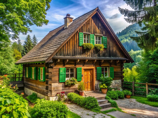 Charming rustic wooden house with traditional green shutters and a pitched roof, surrounded by lush greenery and overhanging trees in a serene countryside setting.