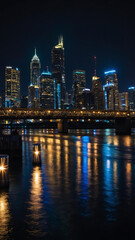 Standing on a bridge, I look up at the heart of the city. It's nighttime. The reflections of city lights and the nightscape shimmer on the river,