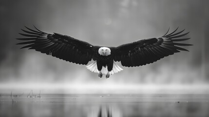 Black and white eagle flying with misty background and detailed feathers.