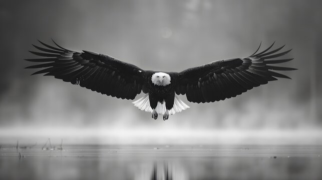 Black and white eagle flying with misty background and detailed feathers.