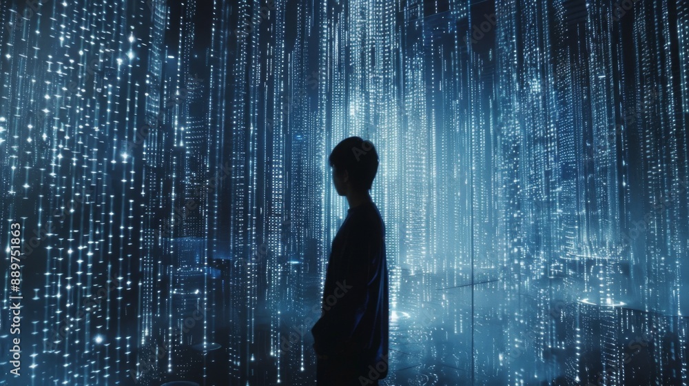 Poster a person stands silhouetted against a wall of cascading digital rain, creating a mesmerizing and fut