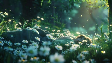 Fototapeta premium Sleeping Beauty in a Field of Daisies