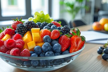 A beautifully arranged bowl of fresh mixed fruits, including strawberries, blueberries, raspberries, blackberries, grapes, and diced mango pieces on a wooden table