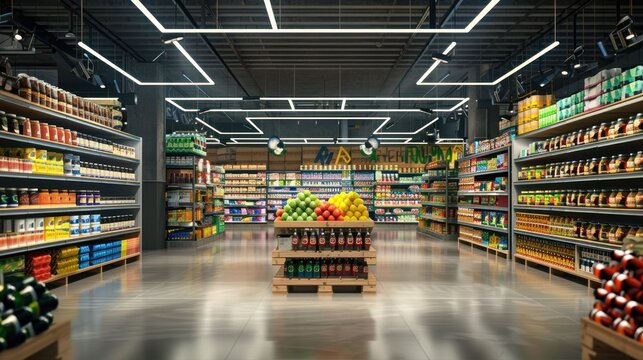 Supermarket Aisle with Products and Produce