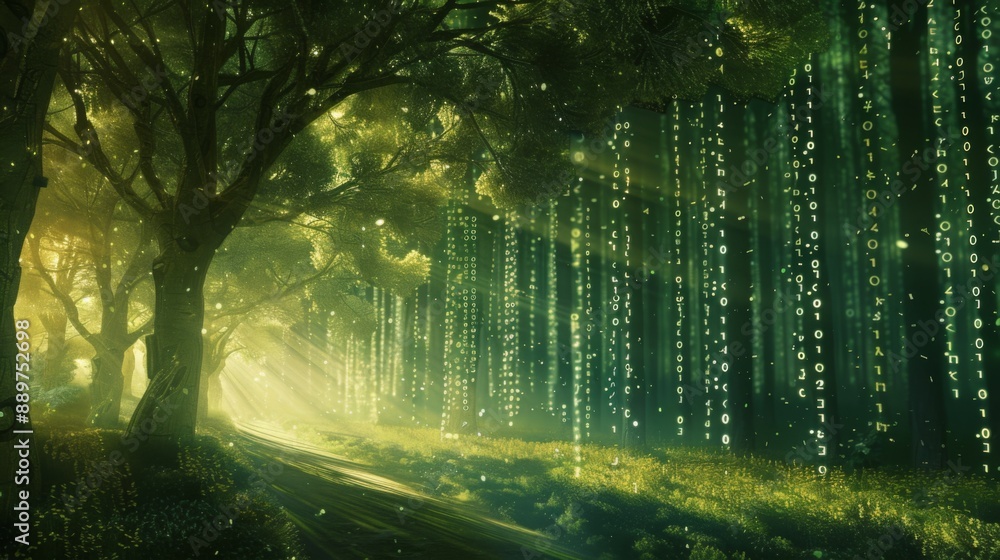 Fototapete A path leads through a lush, green forest with a digital rain of binary code.