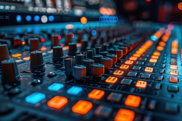 Close-up view of a professional audio mixing console in a dimly lit studio environment showcasing colorful illuminated buttons and control knobs