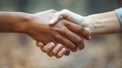 A heartfelt handshake between two individuals symbolizing unity, diversity, cooperation, and mutual respect, with hands of different skin tones interlocked