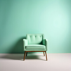 Studio background with mint-colored walls and mint-colored armchairs