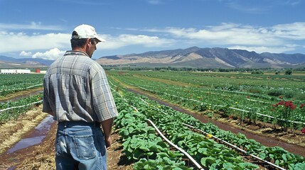 An Agricultural Engineer inspects the irrigation system in a field, ensuring efficient water usage for crops.
