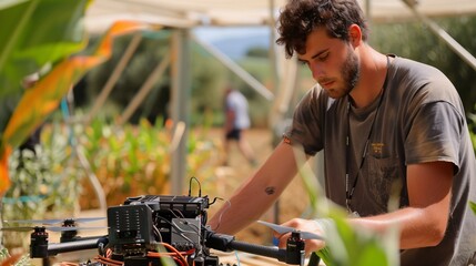 In a workshop, an Agricultural Engineer tests the functionality of an innovative agricultural drone designed for crop monitoring.