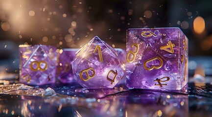 Close-up of purple gaming dice with golden numbers, suitable for themes related to gaming, fantasy, and tabletop games.