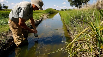 An Agricultural Inspector takes water samples from an irrigation canal, ensuring it meets regulatory guidelines for agricultural use.