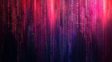 Digital code streams down in a glowing pink and purple cascade against a dark background.