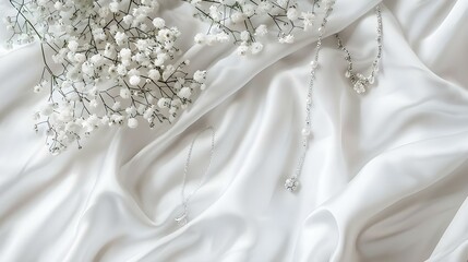 Fototapeta premium Silver and gold jewelry with gypsophila flowers on white background