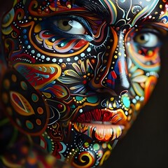 Obraz premium Vibrant face paint with intricate abstract designs and colorful details.