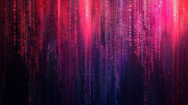 Digital code streams down in a glowing pink and purple cascade against a dark background.