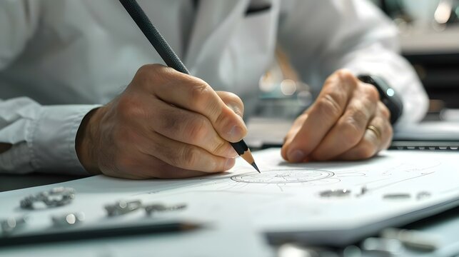 Closeup of jewelry designer drawing sketches