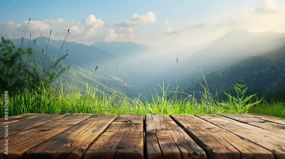 Poster wooden tabletop with a blurred background of mountains and grass fields concept of freshness and rel