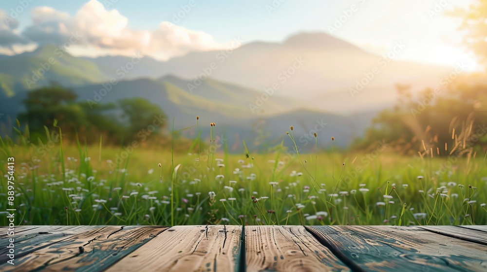 Poster wooden tabletop with a blurred background of mountains and grass fields concept of freshness and rel