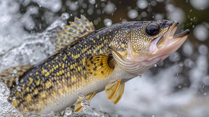 An up-close and detailed shot of a freshwater fish leaping out of the water with water droplets captured in mid-air, showcasing its vibrant colors and scales