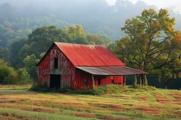 Obraz premium In a serene countryside setting, a rustic red barn stands amidst lush greenery and a misty backdrop, surrounded by autumnal trees and rolling hills