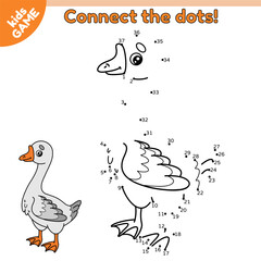 Dot to dot kids game with farm goose. Connect the dots by numbers, draw a cartoon goose and color it. Educational puzzle for preschool and school children. Vector baby illustration of farm bird.