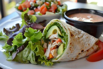 Fresh Turkey and Avocado Wrap with Mixed Greens in a Contemporary Dining Setting