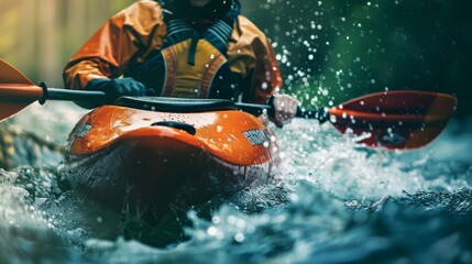 Fototapeta premium Man peacefully kayaking in the serene river with vibrant orange kayak and black paddle