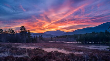 Sunset on Scottish Landscape in Aviemore, Scotland, United Kingdom