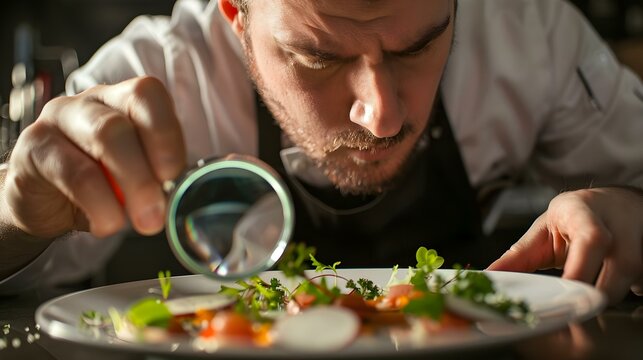 Funny food critic inspecting a restaurant dish
